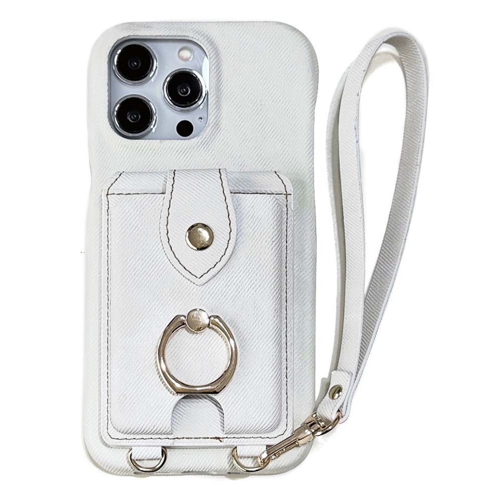 For iPhone 14 Pro Case Ring Kickstand Card Holder Jeans Cloth Texture PU Leather Back Cover with Strap - White