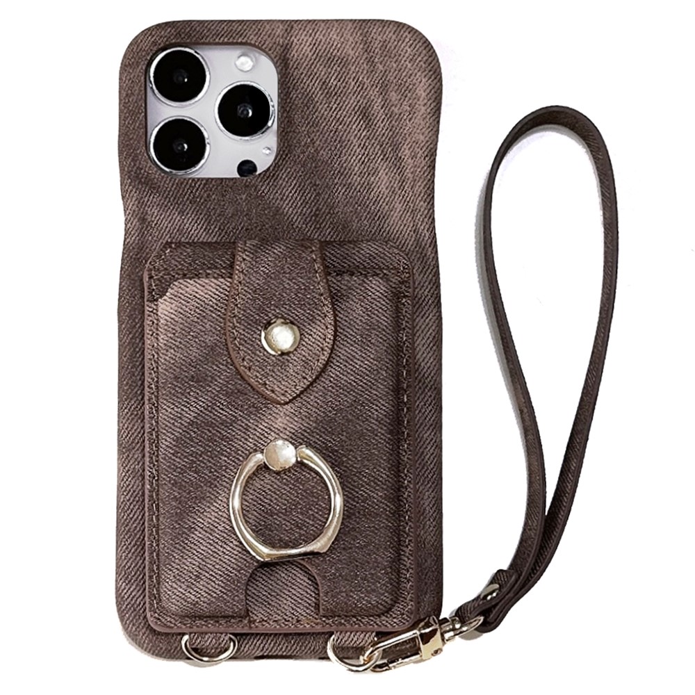 For iPhone 14 Pro Case Ring Kickstand Card Holder Jeans Cloth Texture PU Leather Back Cover with Strap - Light Brown