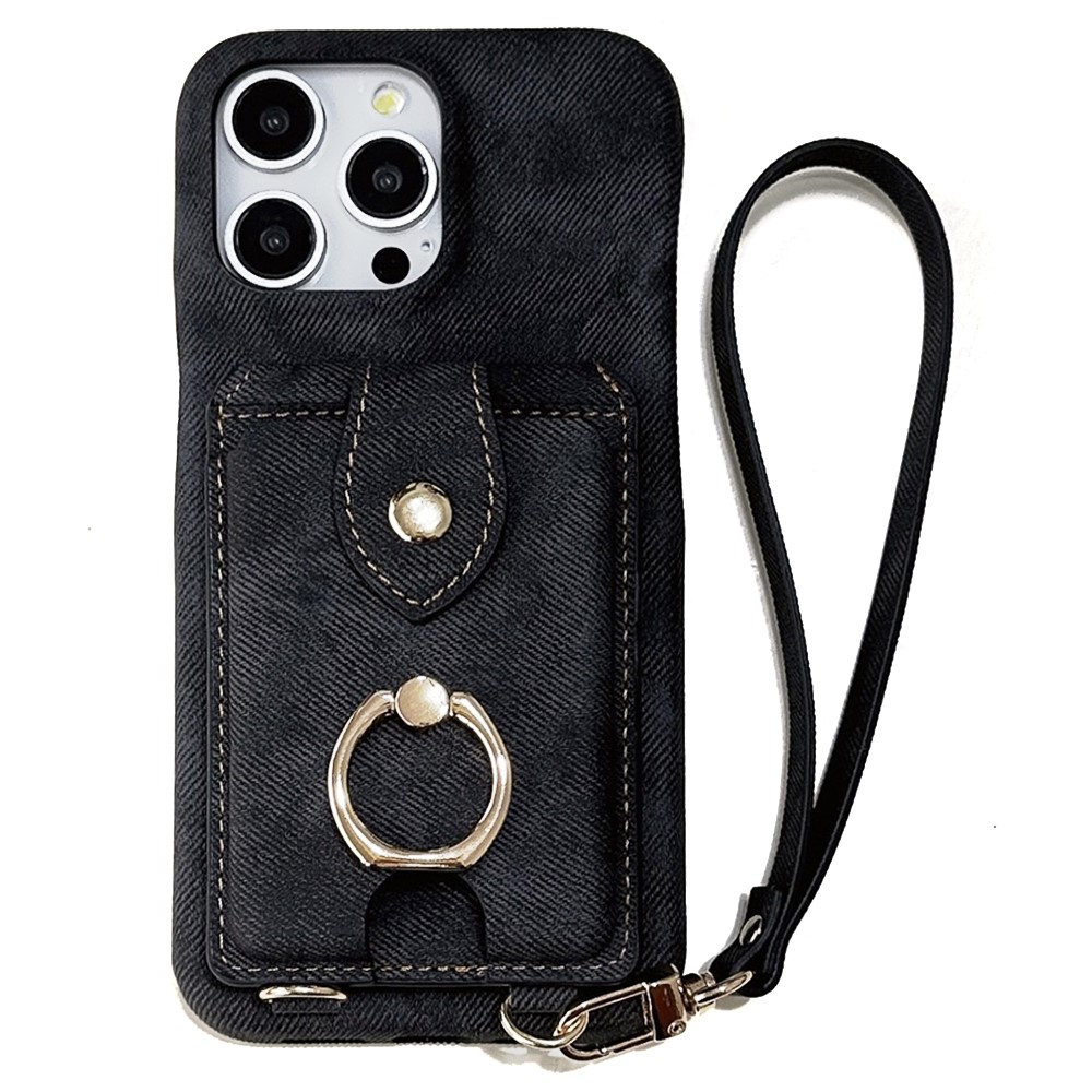 For iPhone 14 Pro Case Ring Kickstand Card Holder Jeans Cloth Texture PU Leather Back Cover with Strap - Black