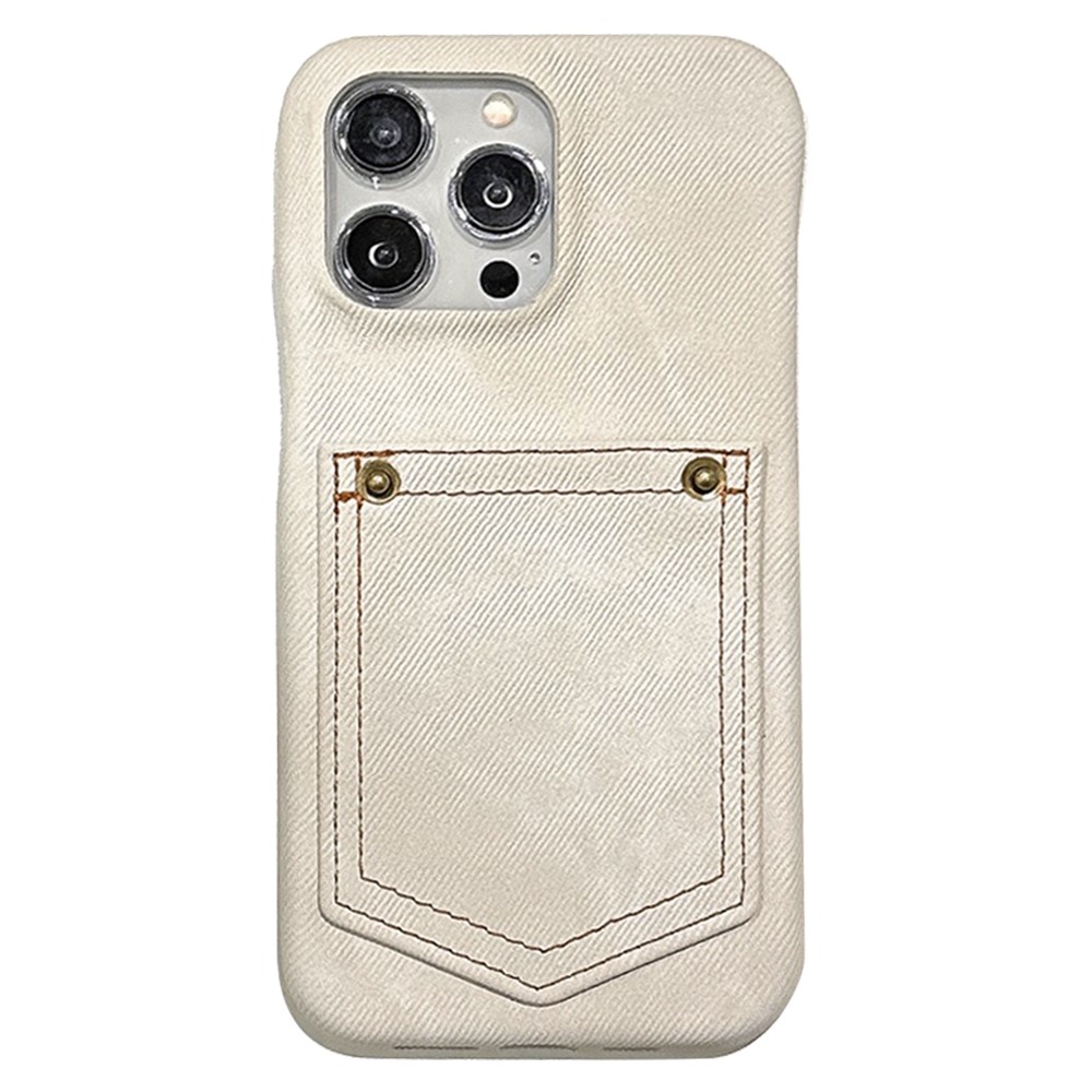 For iPhone 14 Pro Max Case Card Holder Jeans Cloth Texture PU Leather Back Cover - White