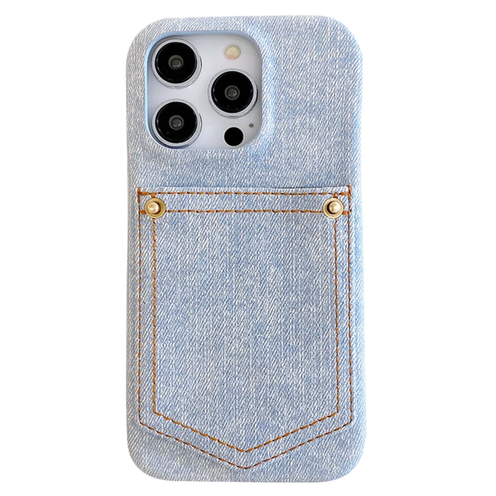 For iPhone 14 Pro Max Case Card Holder Jeans Cloth Texture PU Leather Back Cover - Baby Blue