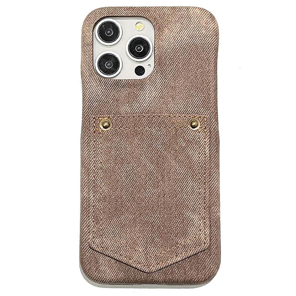 For iPhone 14 Pro Case Card Holder Jeans Cloth Texture PU Leather Back Cover - Light Brown