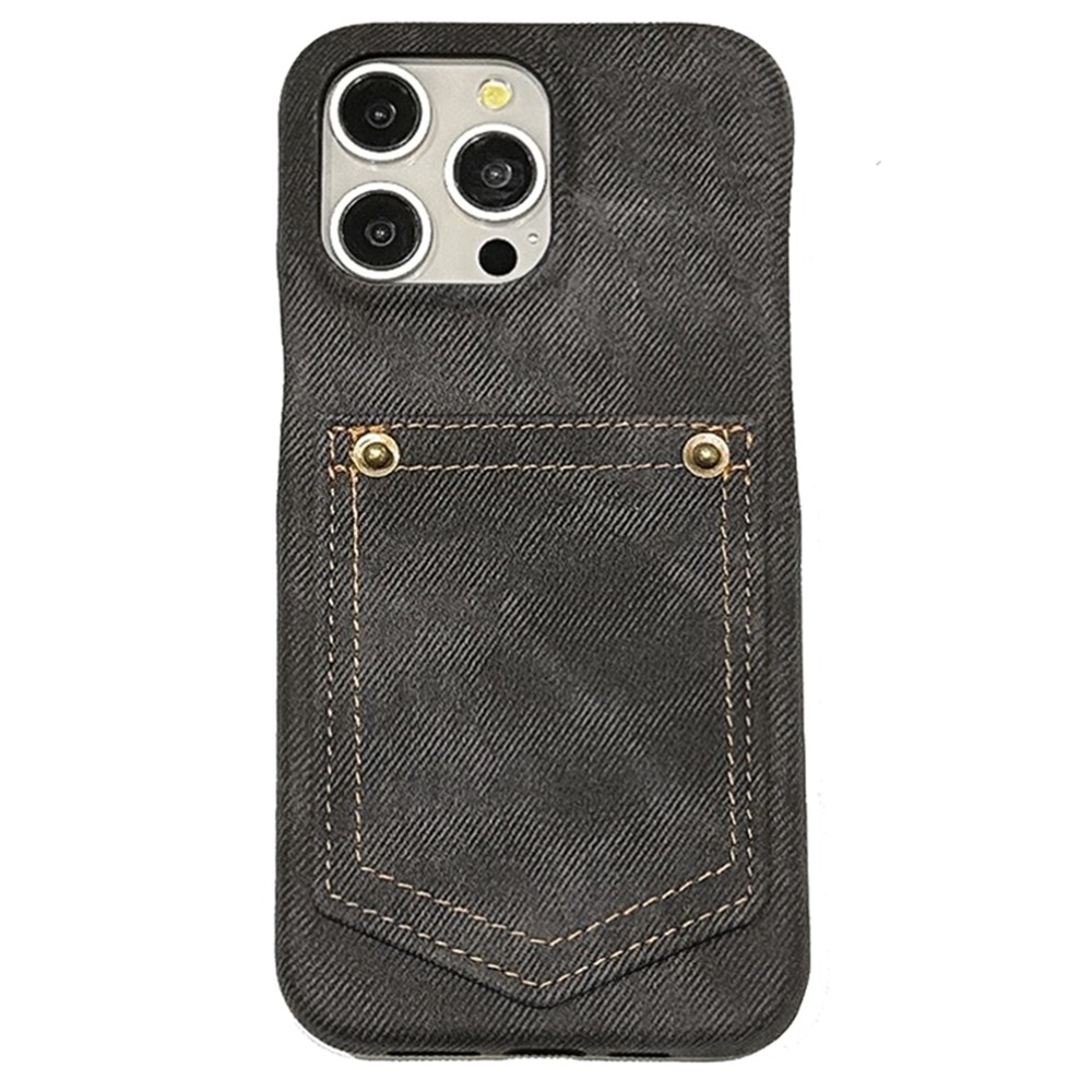 For iPhone 15 Pro Max Case Card Holder Jeans Cloth Texture PU Leather Back Cover - Black