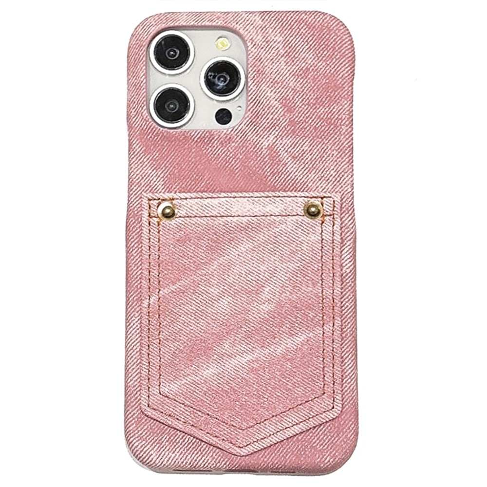 For iPhone 15 Pro Max Case Card Holder Jeans Cloth Texture PU Leather Back Cover - Pink
