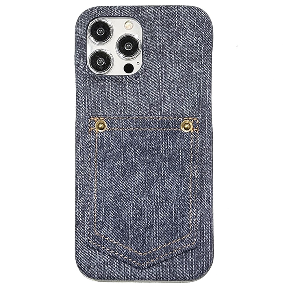 For iPhone 15 Pro Max Case Card Holder Jeans Cloth Texture PU Leather Back Cover - Dark Blue