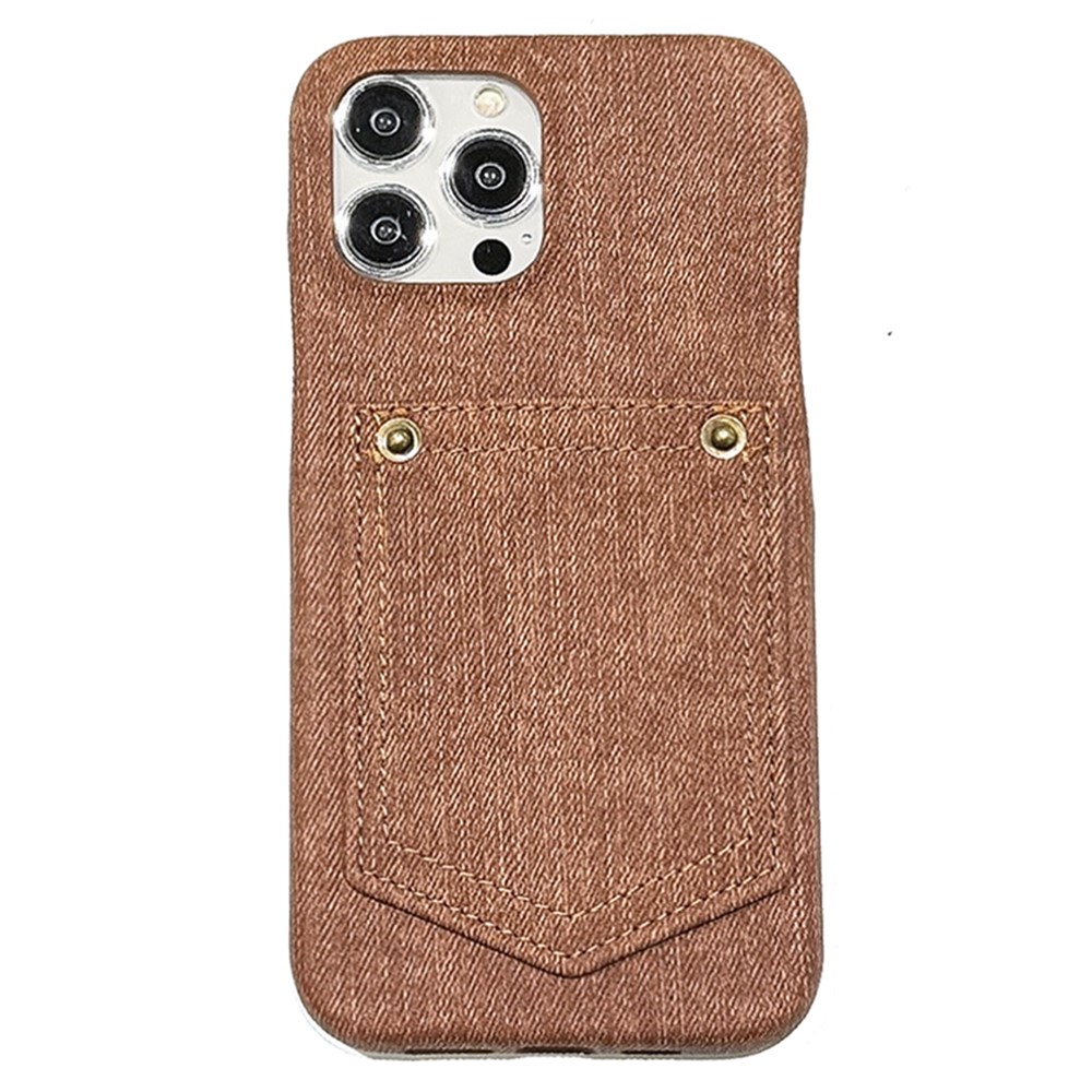 For iPhone 15 Pro Max Case Card Holder Jeans Cloth Texture PU Leather Back Cover - Dark Brown