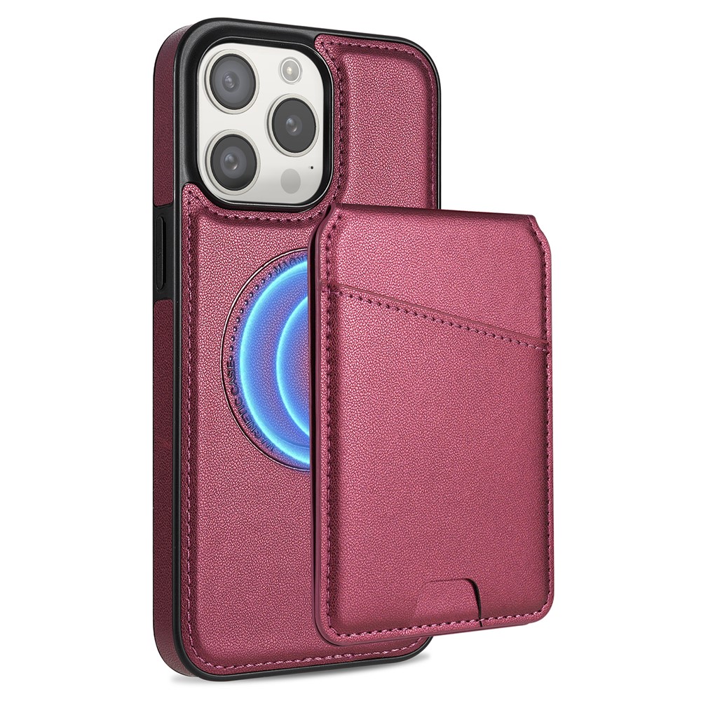 For iPhone 15 Pro Max Case Compatible with MagSafe Detachable Card Holder Kickstand Leather Phone Back Cover - Red