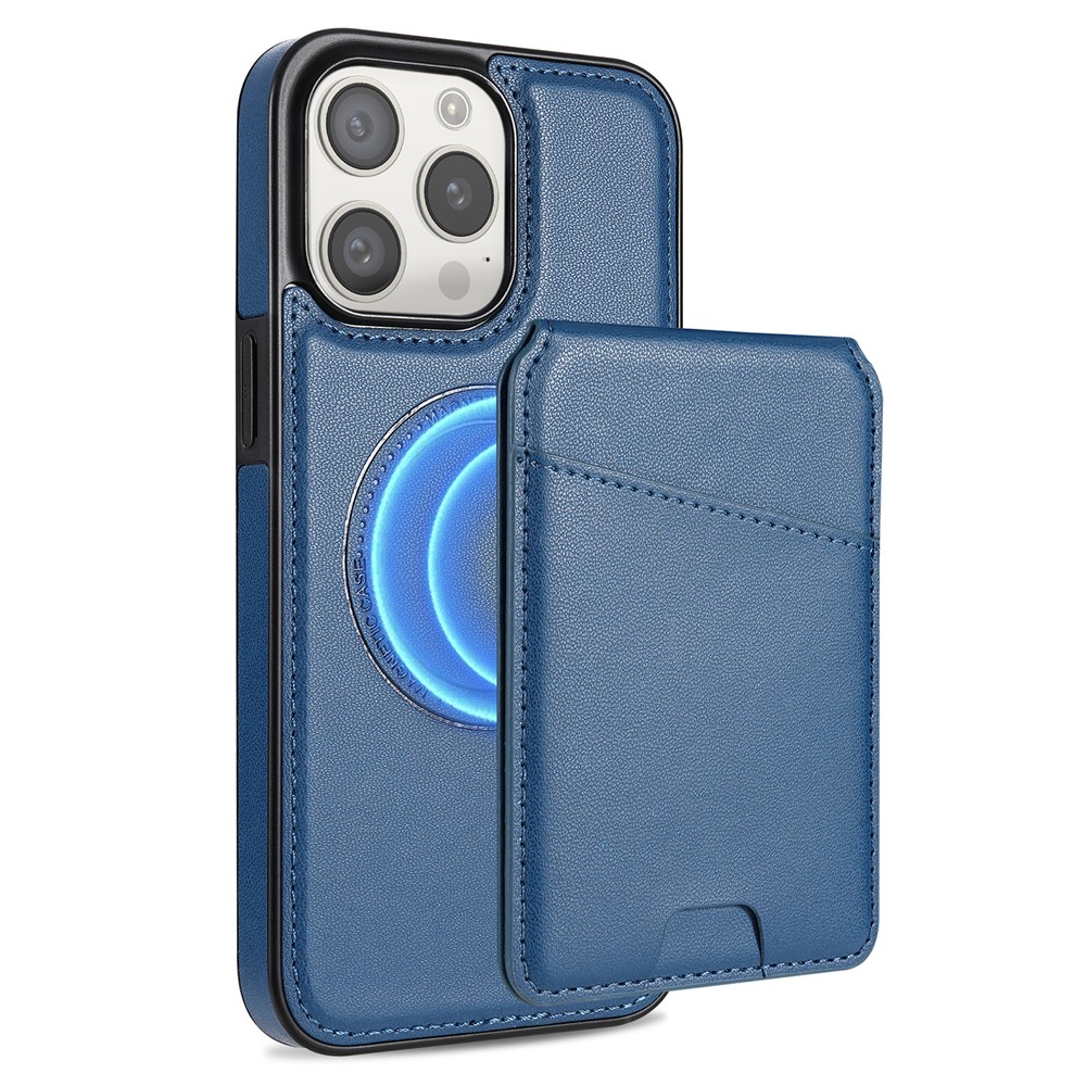 For iPhone 15 Pro Max Case Compatible with MagSafe Detachable Card Holder Kickstand Leather Phone Back Cover - Blue