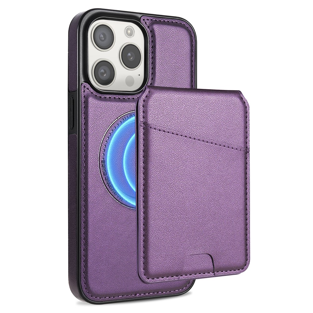 For iPhone 15 Pro Max Case Compatible with MagSafe Detachable Card Holder Kickstand Leather Phone Back Cover - Purple