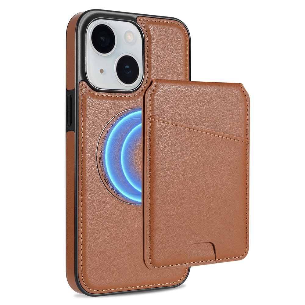 For iPhone 13 Case Compatible with MagSafe Detachable Card Holder Kickstand Leather Phone Back Cover - Brown