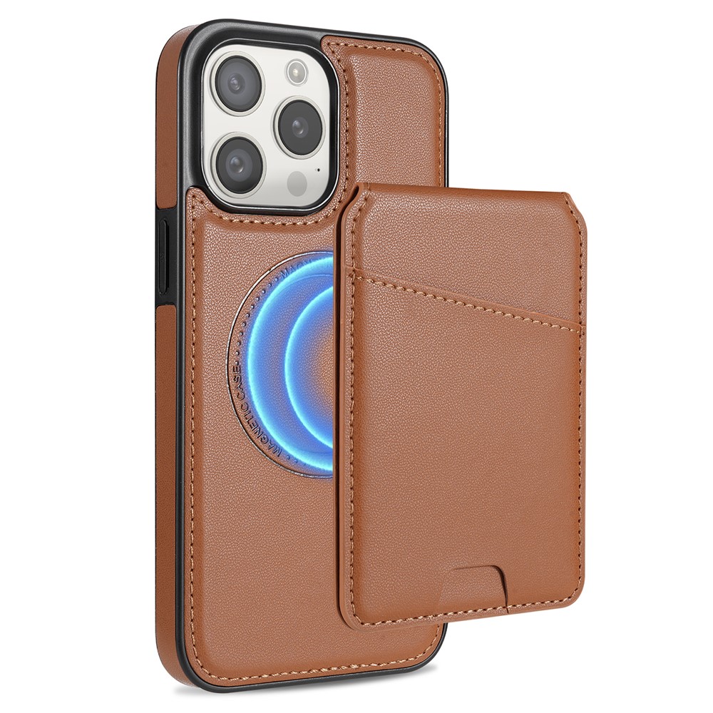 For iPhone 13 Pro Case Compatible with MagSafe Detachable Card Holder Kickstand Leather Phone Back Cover - Brown