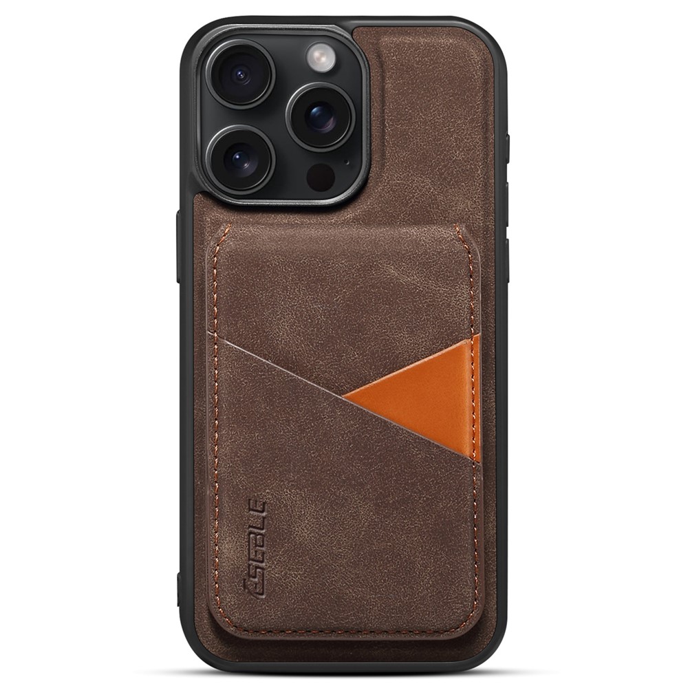 ESEBLE E2 For iPhone 15 Pro Max Magnetic Case RFID Blocking Retro Leather Back Cover with Detachable Card Holder - Coffee