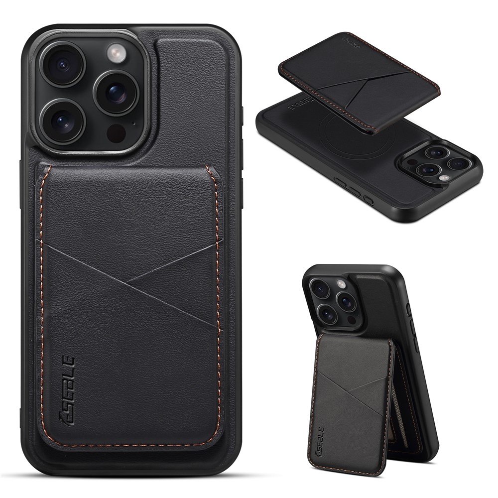 ESEBLE E3 For iPhone 15 Pro Max Magnetic Case with Detachable Card Holder Leather + TPU RFID Blocking Phone Cover - Black