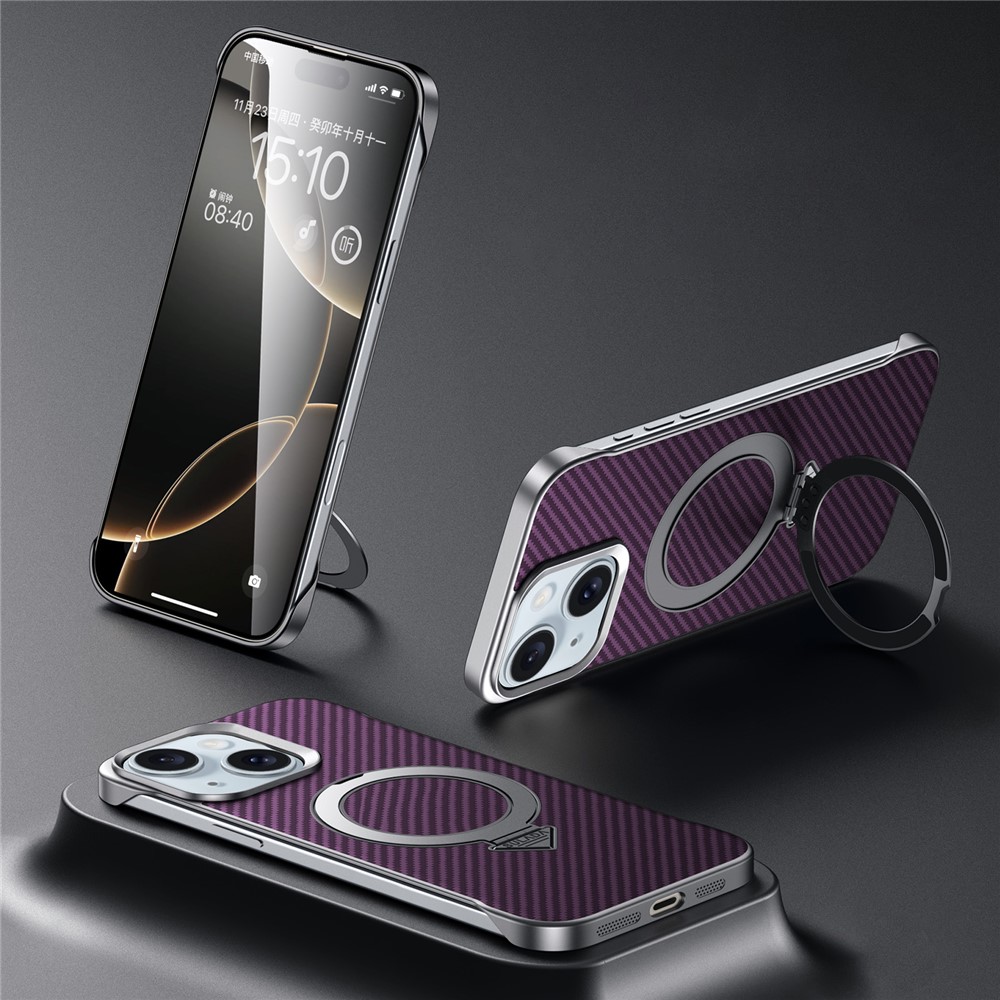 SULADA For iPhone 15 Case Compatible with MagSafe Kickstand PU + PC Phone Cover Carbon Fiber Texture - Purple