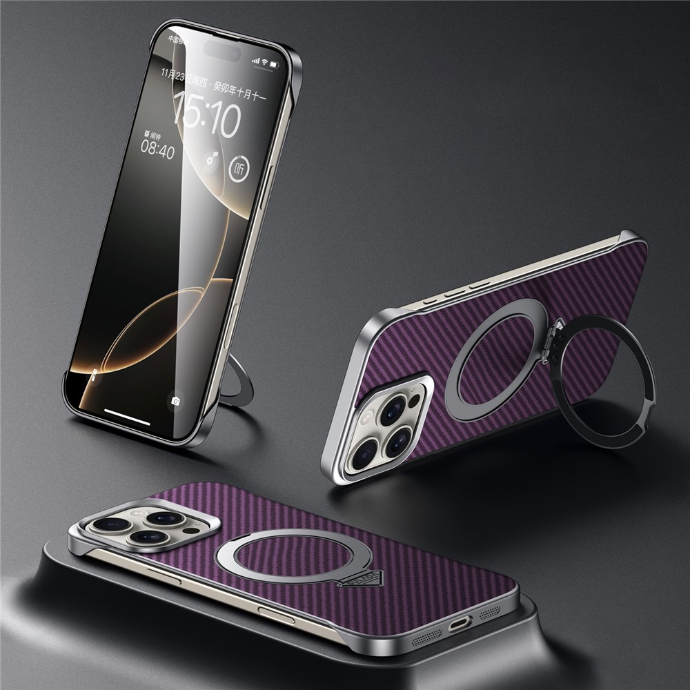 SULADA For iPhone 15 Pro Max Case Compatible with MagSafe Kickstand PU + PC Phone Cover Carbon Fiber Texture - Purple