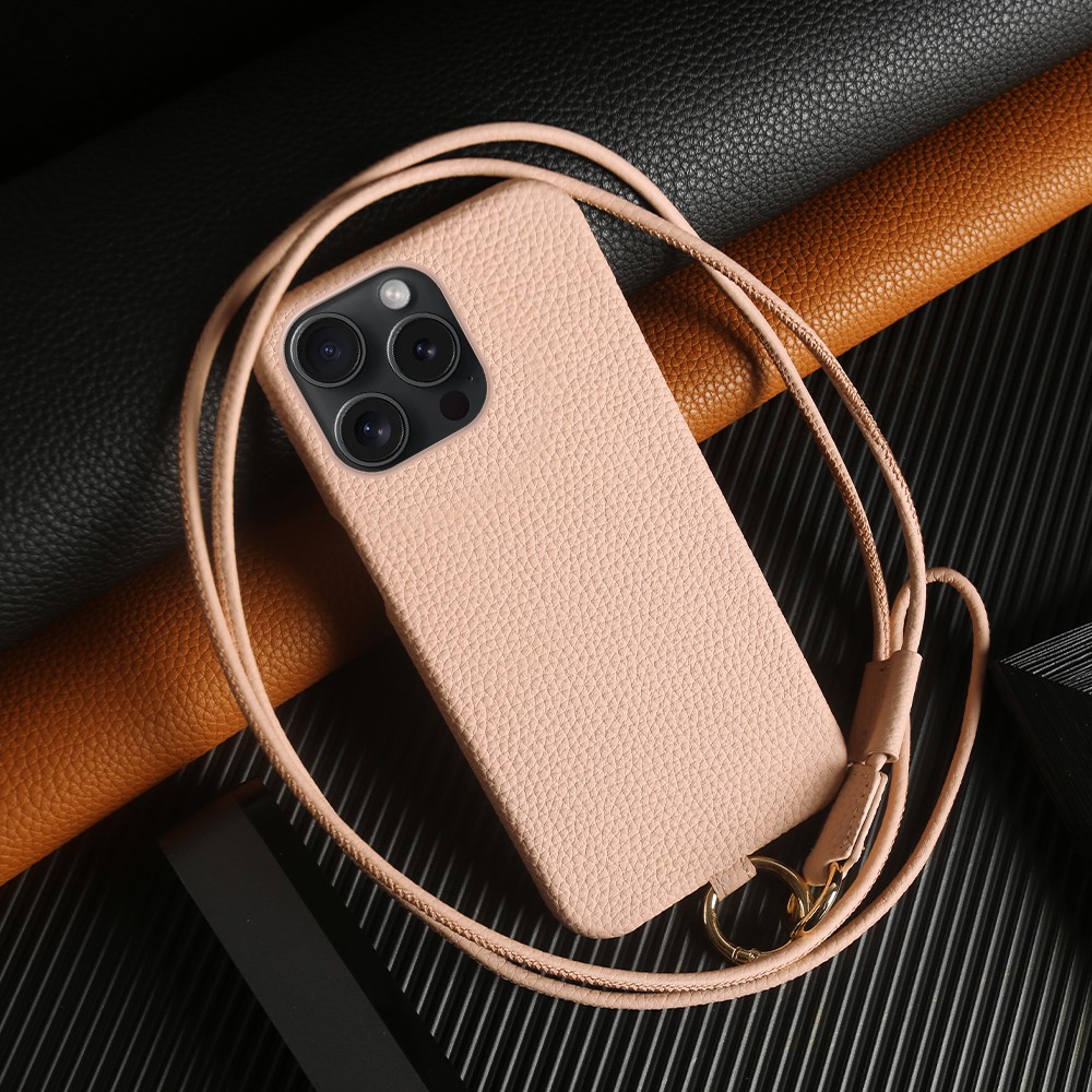 For iPhone 13 Pro Case with Lanyard Genuine Cow Leather PC Phone Back Cover - Pink