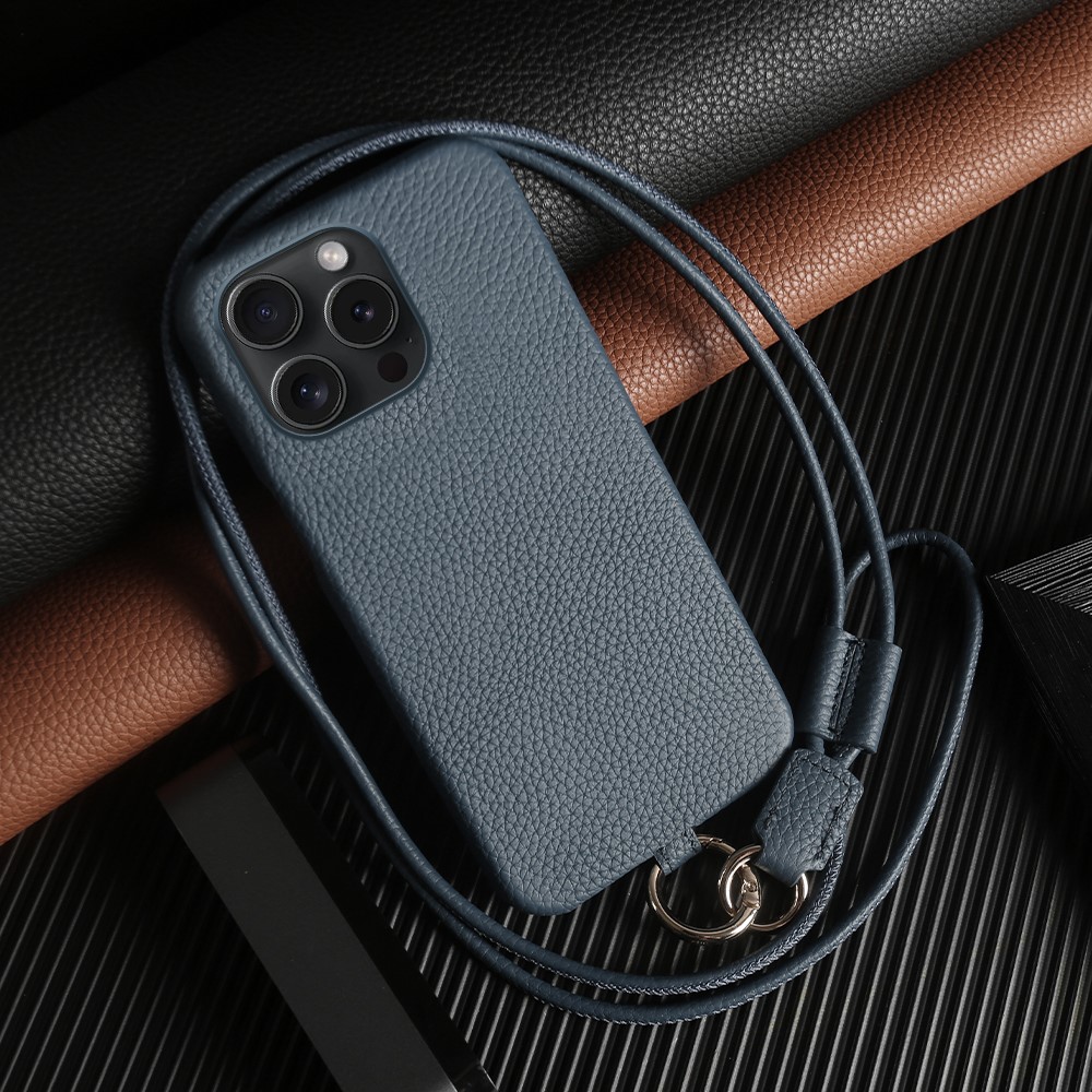 For iPhone 13 Pro Case with Lanyard Genuine Cow Leather PC Phone Back Cover - Blue