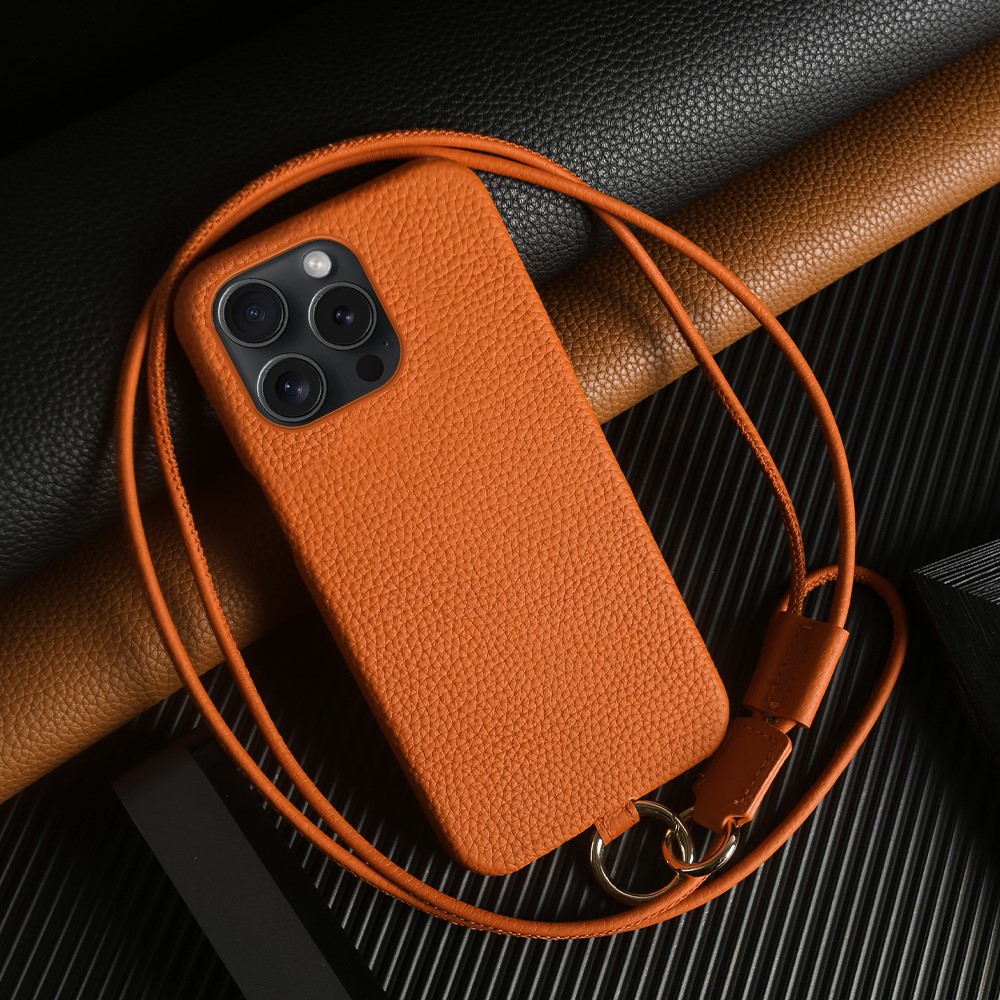 For iPhone 13 Pro Case with Lanyard Genuine Cow Leather PC Phone Back Cover - Orange