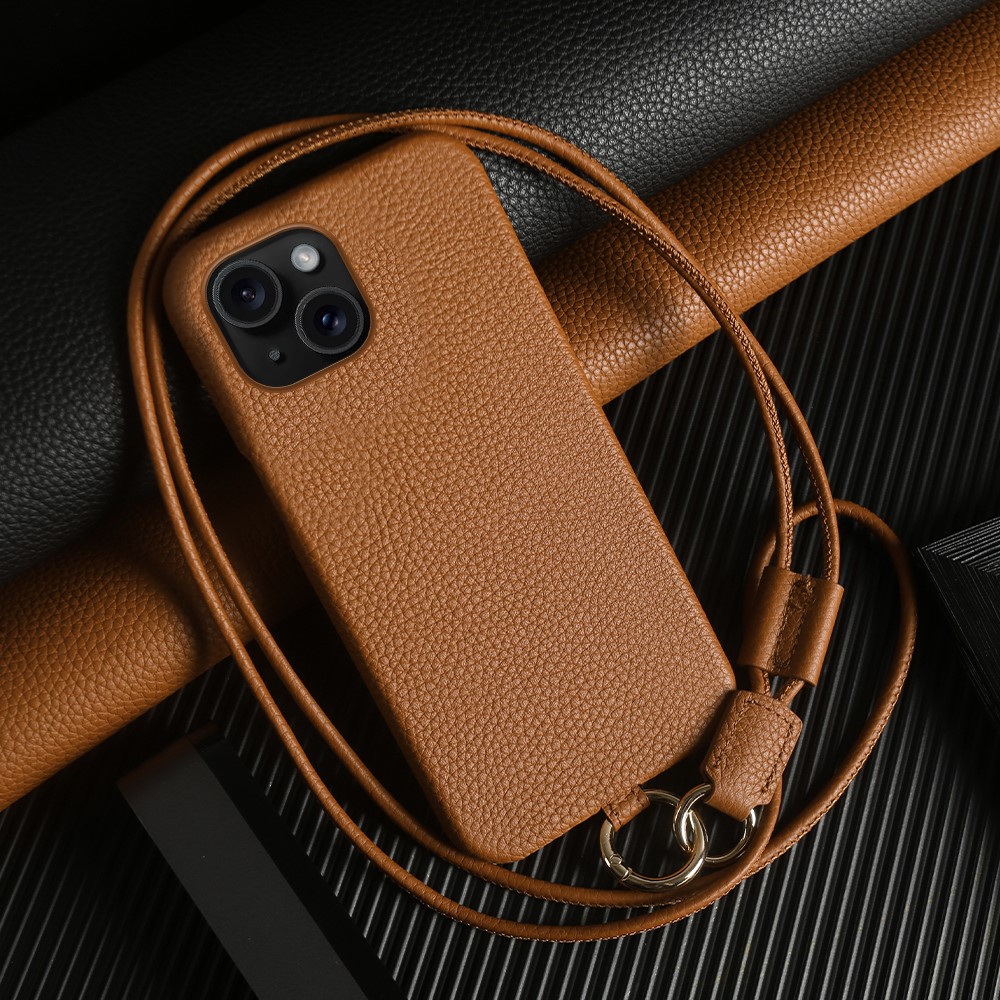 For iPhone 13 Case with Lanyard Genuine Cow Leather PC Phone Back Cover - Brown