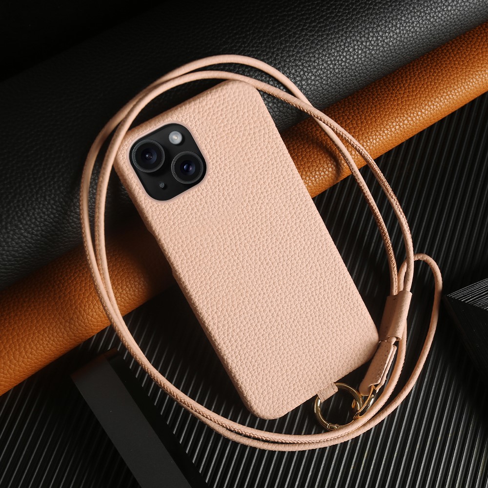 For iPhone 13 Case with Lanyard Genuine Cow Leather PC Phone Back Cover - Pink