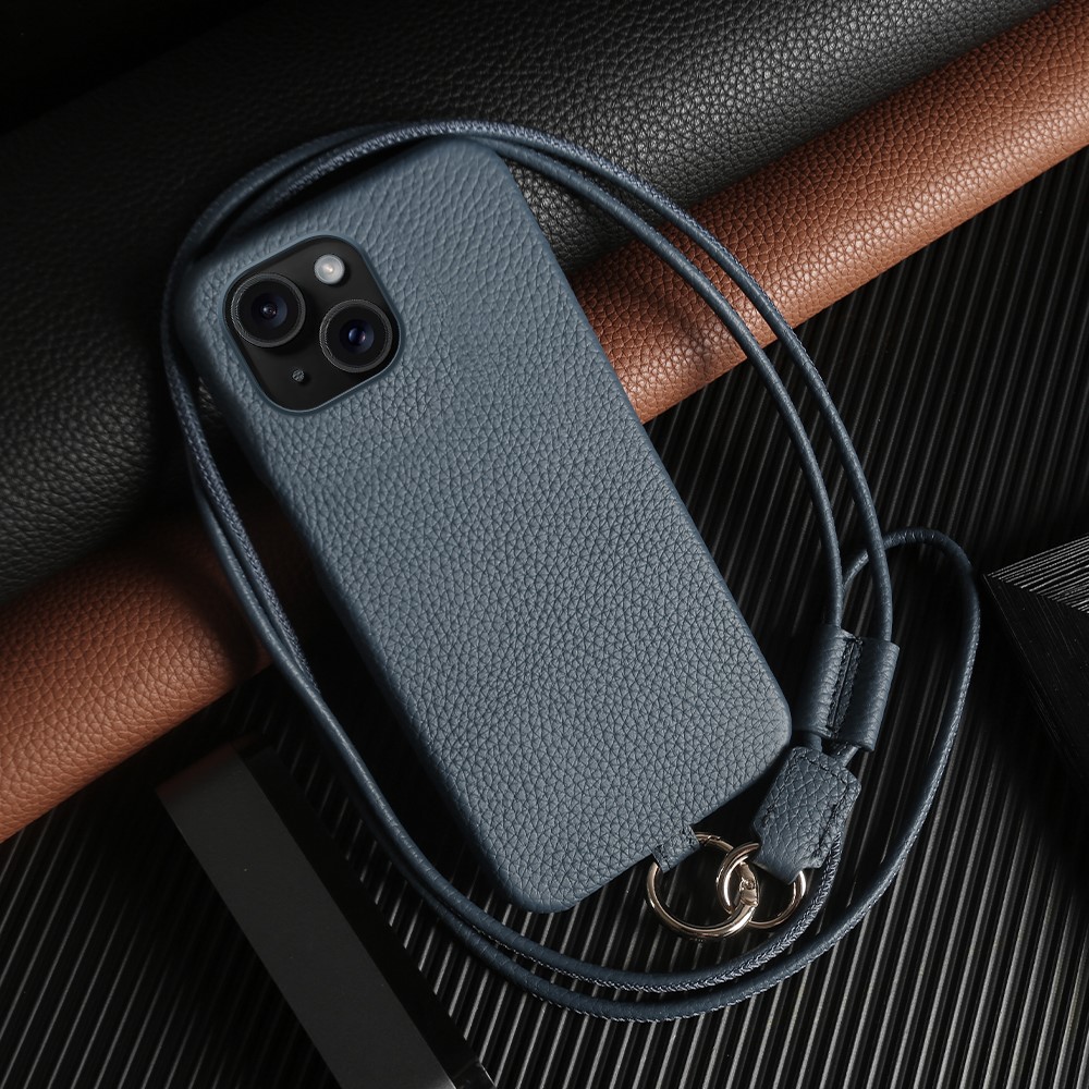 For iPhone 13 Case with Lanyard Genuine Cow Leather PC Phone Back Cover - Blue