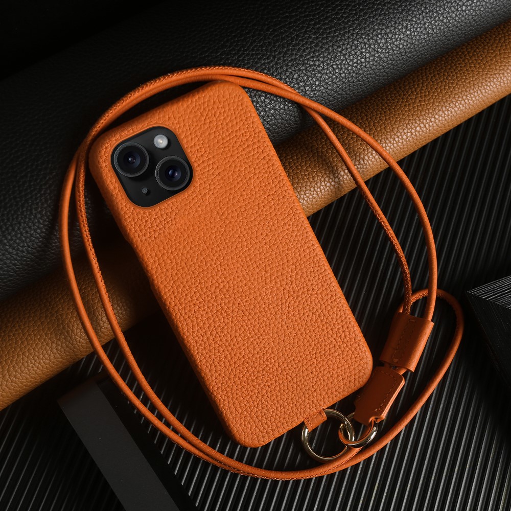 For iPhone 13 Case with Lanyard Genuine Cow Leather PC Phone Back Cover - Orange