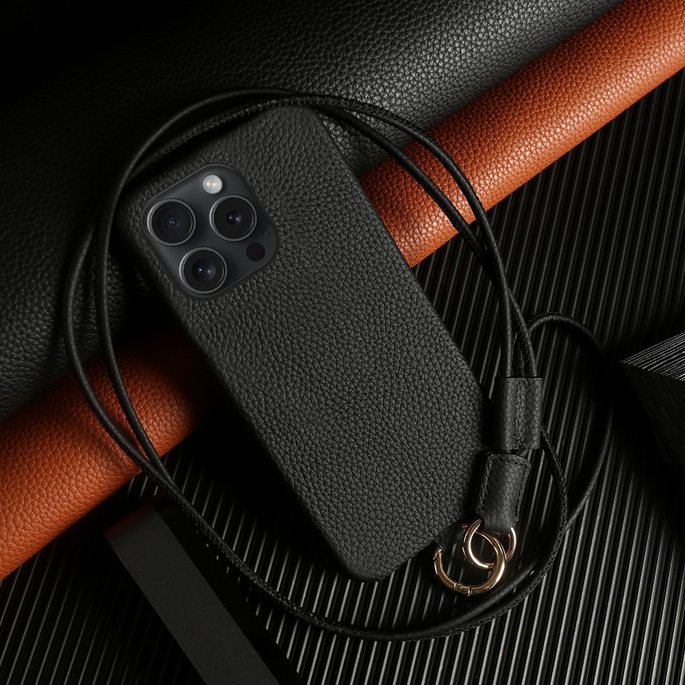 For iPhone 14 Pro Case with Lanyard Genuine Cow Leather PC Phone Back Cover - Black