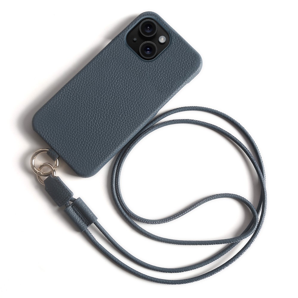 For iPhone 14 Case with Lanyard Genuine Cow Leather PC Phone Back Cover - Blue