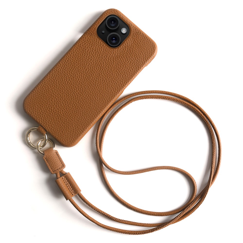For iPhone 15 Case with Lanyard Genuine Cow Leather PC Phone Back Cover - Brown