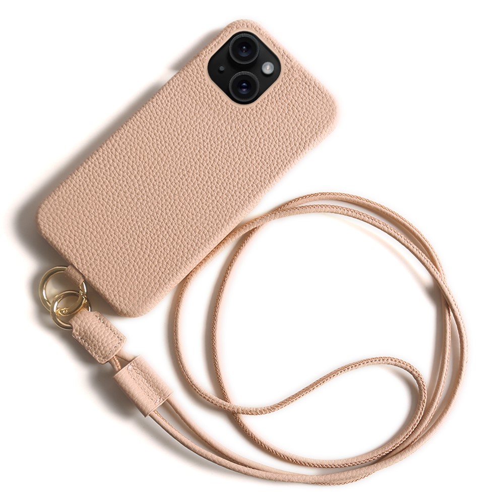 For iPhone 15 Case with Lanyard Genuine Cow Leather PC Phone Back Cover - Pink