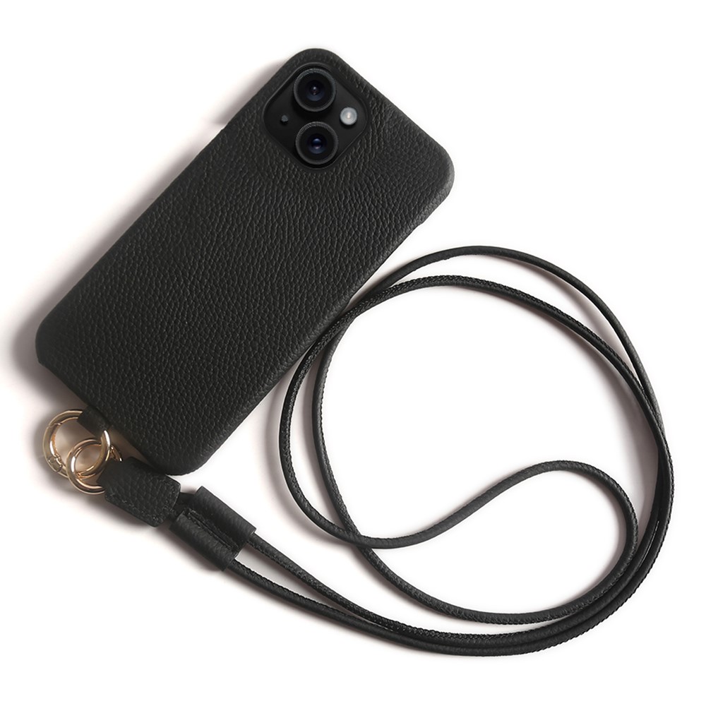 For iPhone 15 Case with Lanyard Genuine Cow Leather PC Phone Back Cover - Black