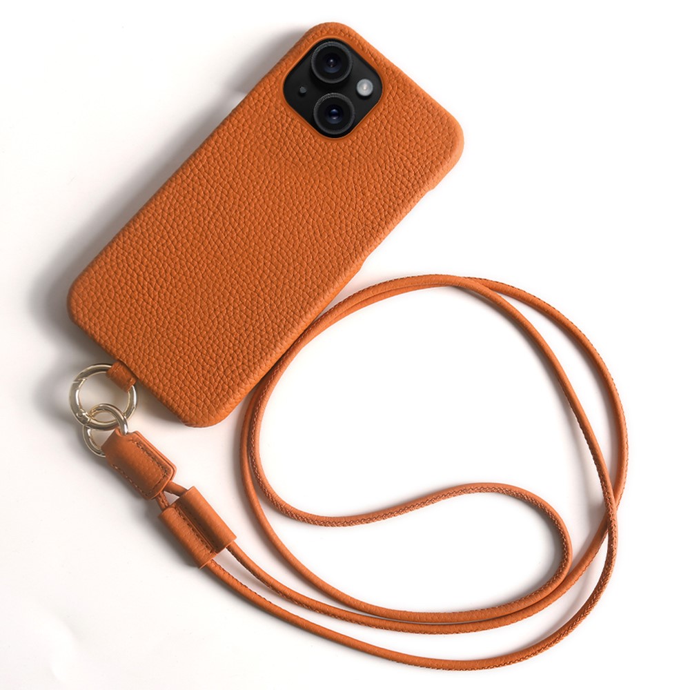 For iPhone 15 Case with Lanyard Genuine Cow Leather PC Phone Back Cover - Orange