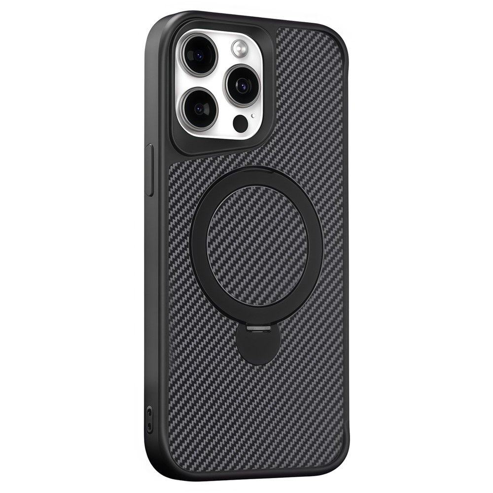For iPhone 15 Pro Max Phone Case with Magnetic Kickstand TPU + PC Carbon Fiber Back Cover - Black