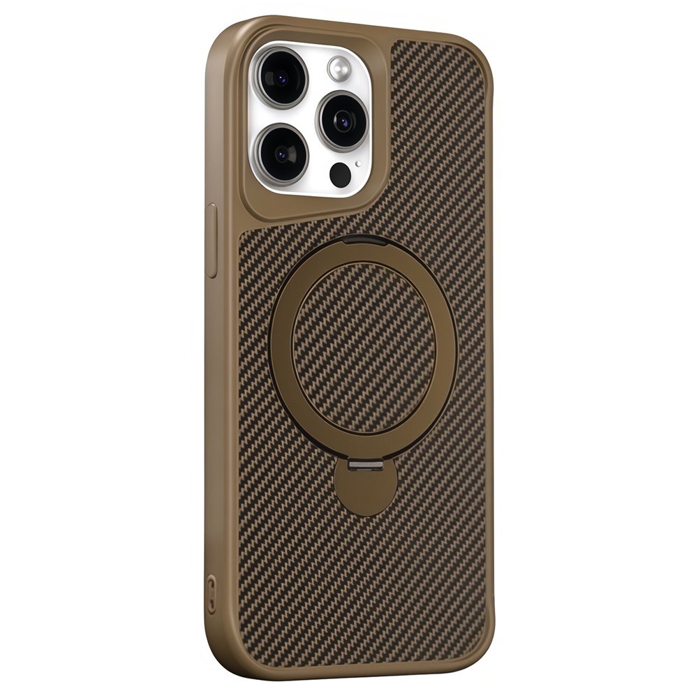 For iPhone 15 Pro Max Phone Case with Magnetic Kickstand TPU + PC Carbon Fiber Back Cover - Brown