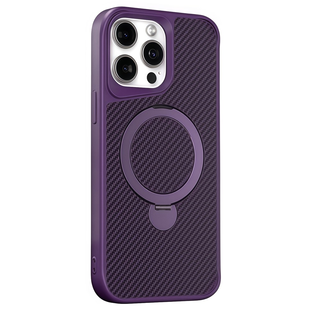 For iPhone 15 Pro Max Phone Case with Magnetic Kickstand TPU + PC Carbon Fiber Back Cover - Purple