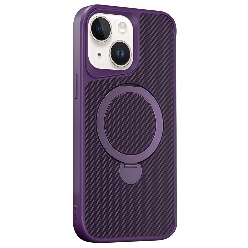 For iPhone 15 Phone Case with Magnetic Kickstand TPU + PC Carbon Fiber Back Cover - Purple