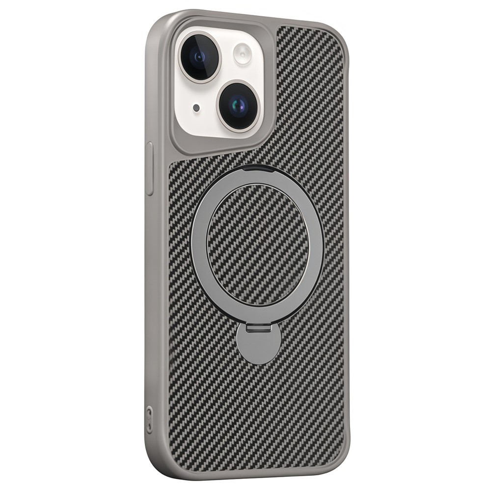 For iPhone 15 Phone Case with Magnetic Kickstand TPU + PC Carbon Fiber Back Cover - Grey