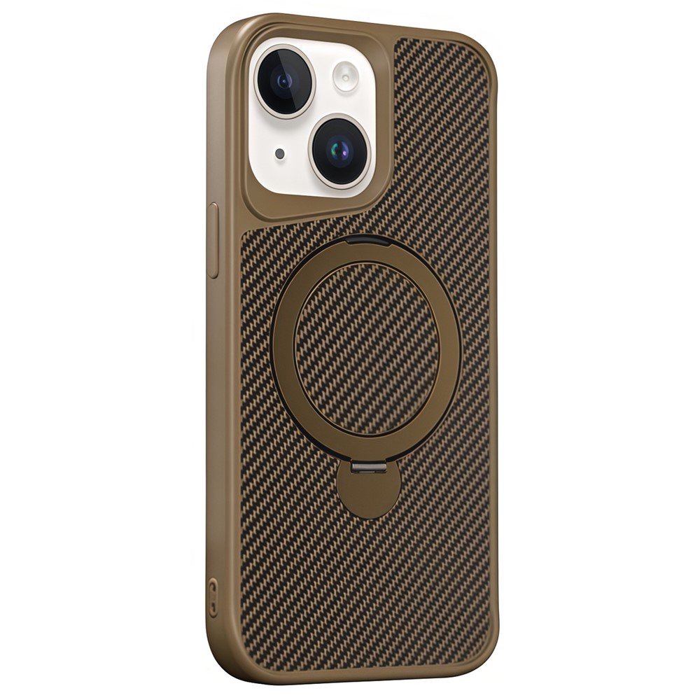 For iPhone 14 Phone Case with Magnetic Kickstand TPU + PC Carbon Fiber Back Cover - Brown