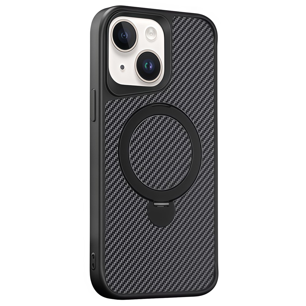 For iPhone 14 Phone Case with Magnetic Kickstand TPU + PC Carbon Fiber Back Cover - Black