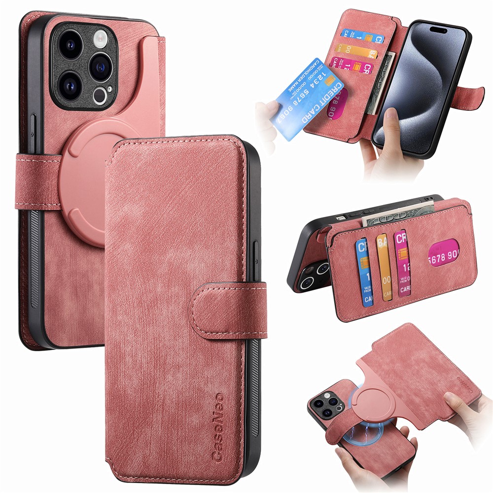 For iPhone 14 Pro Max Magnetic Case CASENEO Detachable Leather Phone Wallet Cover - Pink