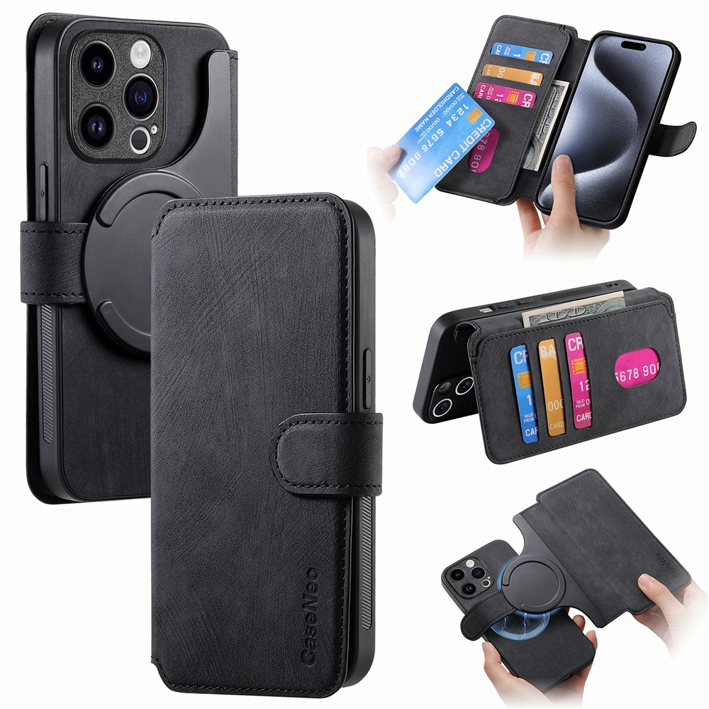 For iPhone 14 Pro Max Magnetic Case CASENEO Detachable Leather Phone Wallet Cover - Black