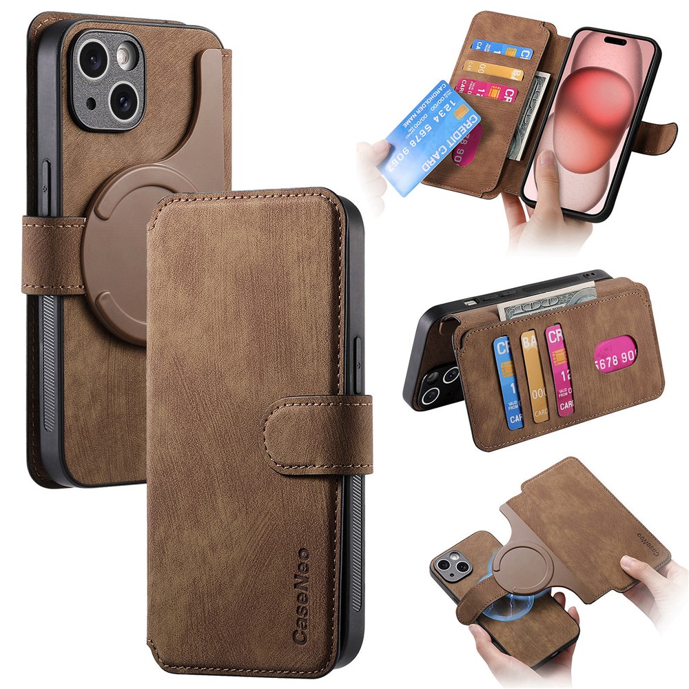 For iPhone 14 Plus Magnetic Case CASENEO Detachable Leather Phone Wallet Cover - Brown