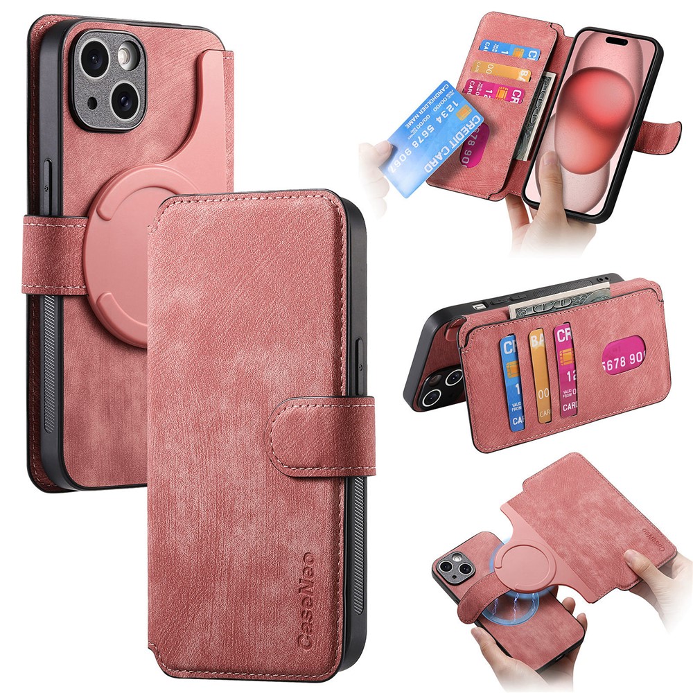 For iPhone 15 Plus Magnetic Case CASENEO Detachable Leather Phone Wallet Cover - Pink