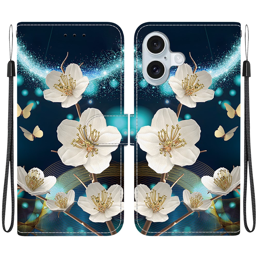 For iPhone 16 Plus Case Pattern Printing Anti-Drop Leather Flip Wallet Phone Cover with Lanyard - Magnolia
