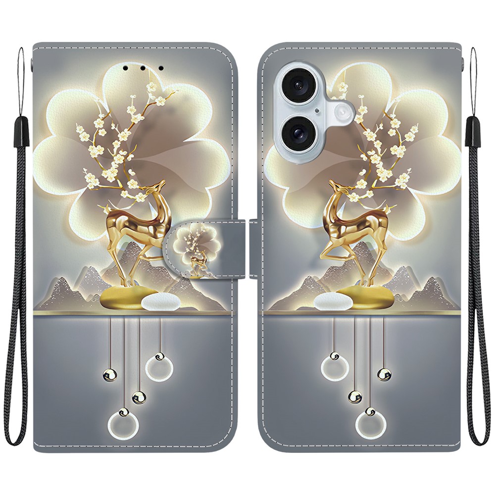 For iPhone 16 Plus Case Pattern Printing Anti-Drop Leather Flip Wallet Phone Cover with Lanyard - Sika Deer