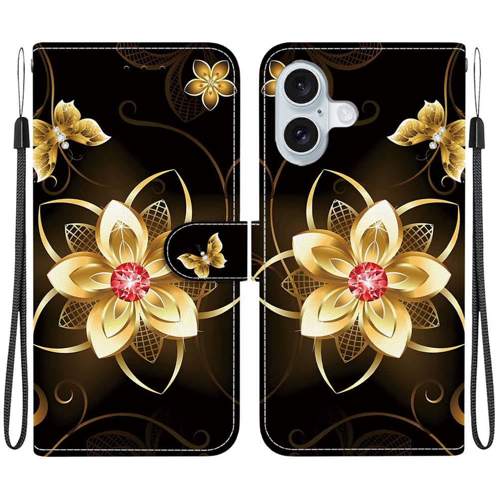 For iPhone 16 Plus Case Pattern Printing Anti-Drop Leather Flip Wallet Phone Cover with Lanyard - Golden Flower