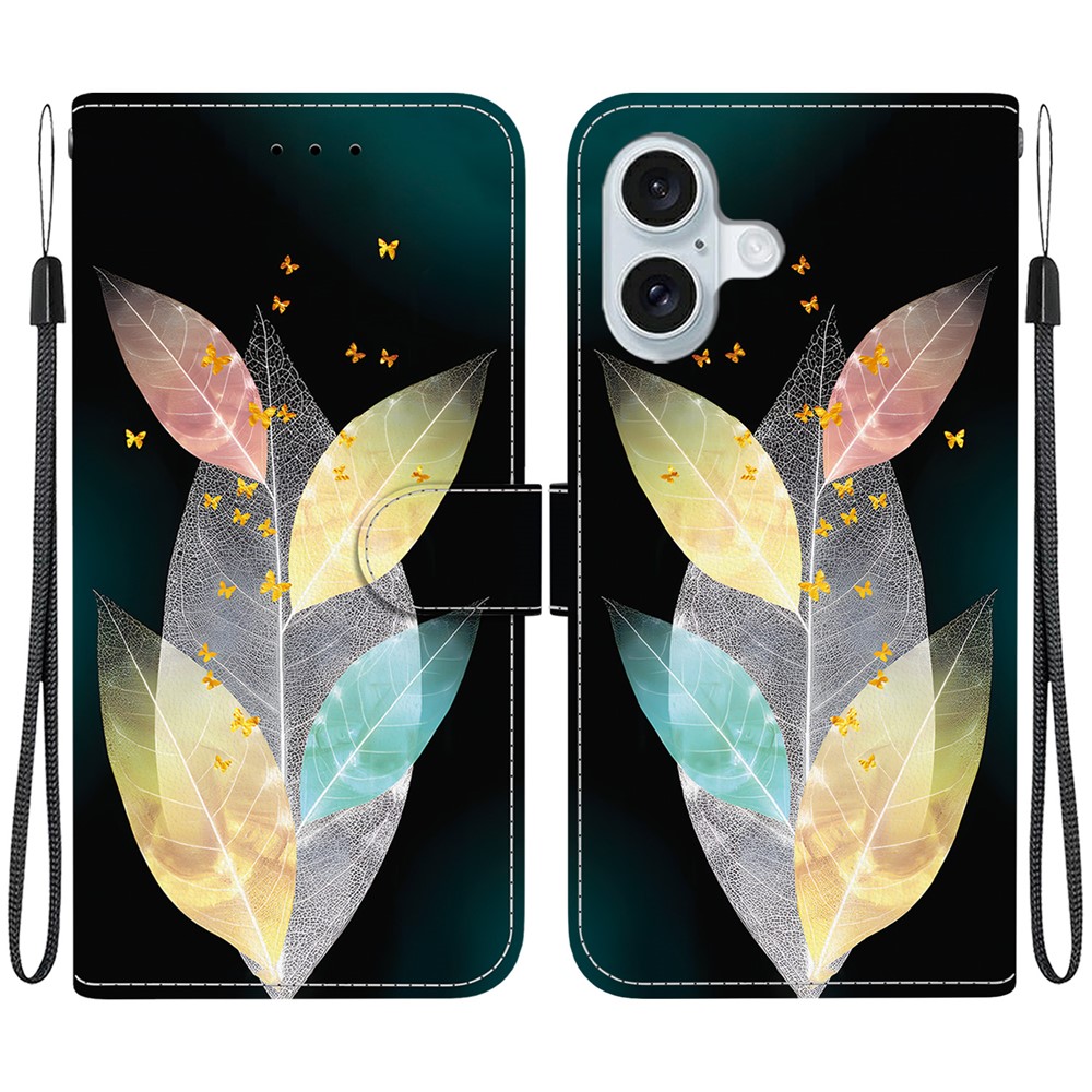 For iPhone 16 Plus Case Pattern Printing Anti-Drop Leather Flip Wallet Phone Cover with Lanyard - Colored Leaves