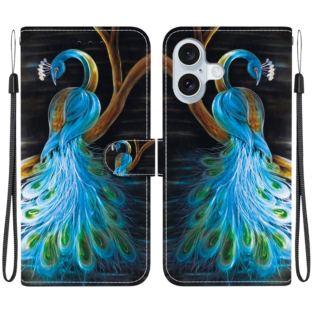 For iPhone 16 Plus Case Pattern Printing Anti-Drop Leather Flip Wallet Phone Cover with Lanyard - Peacock