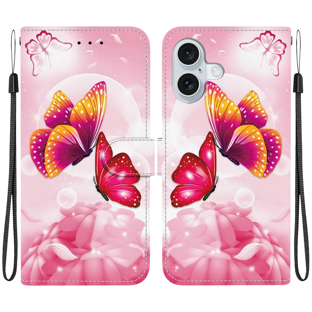 For iPhone 16 Plus Case Pattern Printing Anti-Drop Leather Flip Wallet Phone Cover with Lanyard - Pink Butterfly