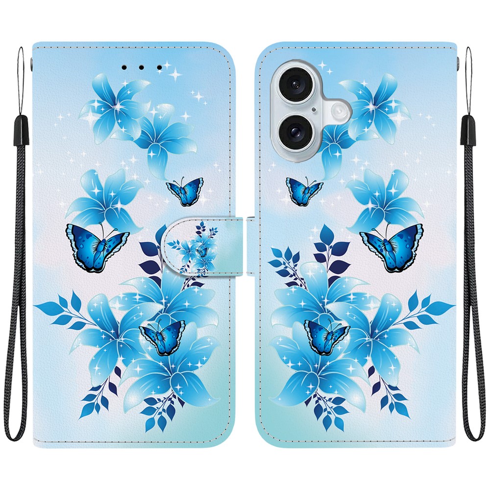 For iPhone 16 Plus Case Pattern Printing Anti-Drop Leather Flip Wallet Phone Cover with Lanyard - Blue Butterfly